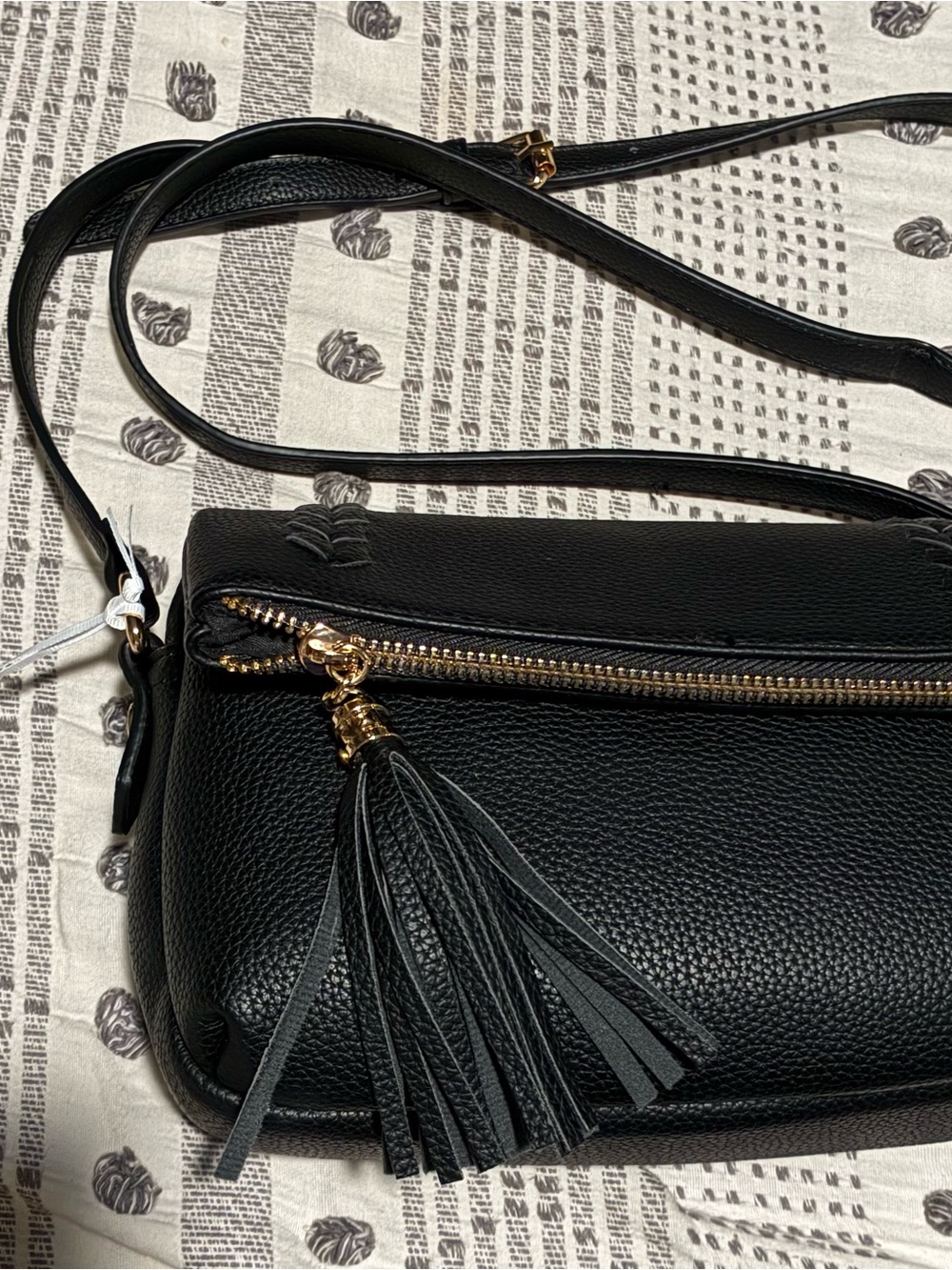 Black Faux-Leather Crossbody with Tassel Detail